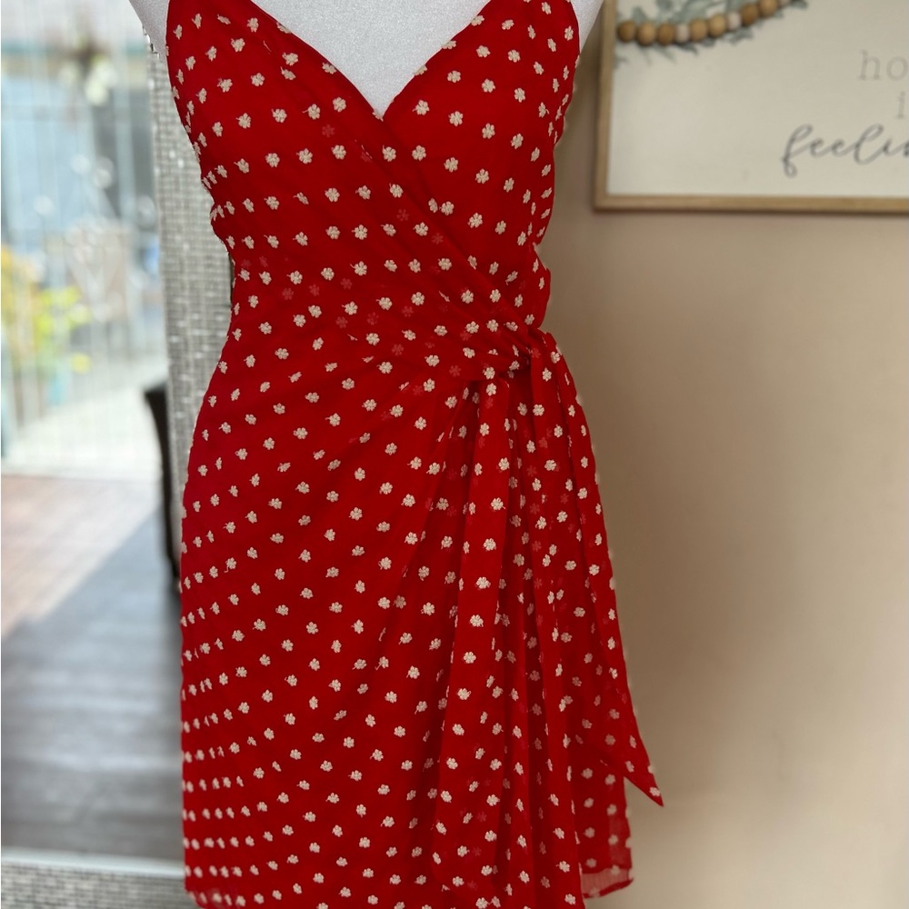 Alice + Olivia Red Polka Dot Wrap-Style Mini Dress - Picture 9 of 16
